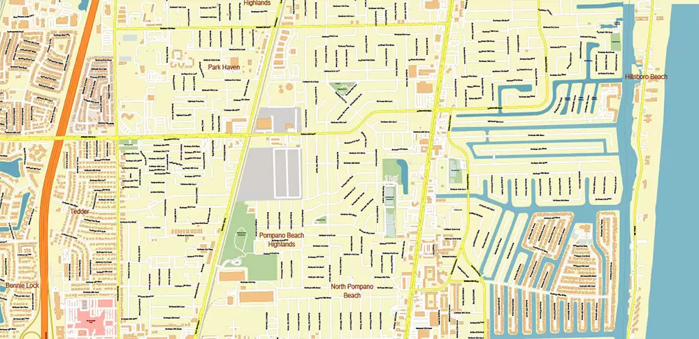 Fort Lauderdale + Pompano Beach + Hollywood Florida US Map Vector City Plan High Detailed Street Map + Relief Topo editable Adobe Illustrator in layers