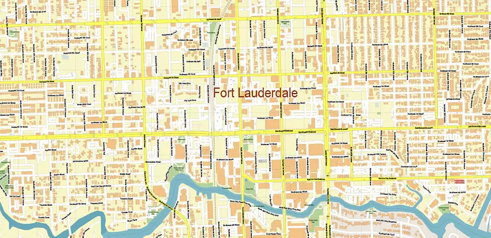 Fort Lauderdale + Pompano Beach + Hollywood Florida US Map Vector City Plan High Detailed Street Map + Relief Topo editable Adobe Illustrator in layers