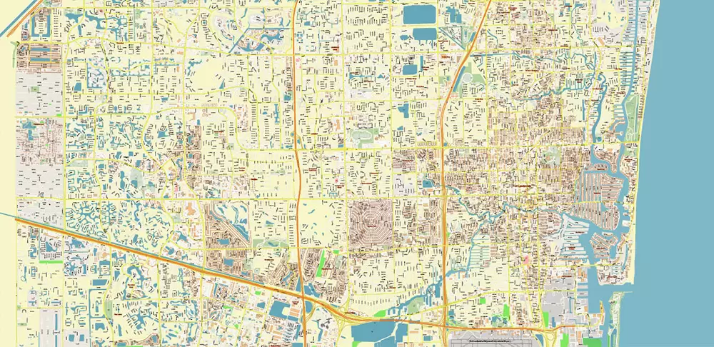 Fort Lauderdale + Pompano Beach + Hollywood Florida US Map Vector City Plan High Detailed Street Map + Relief Topo editable Adobe Illustrator in layers