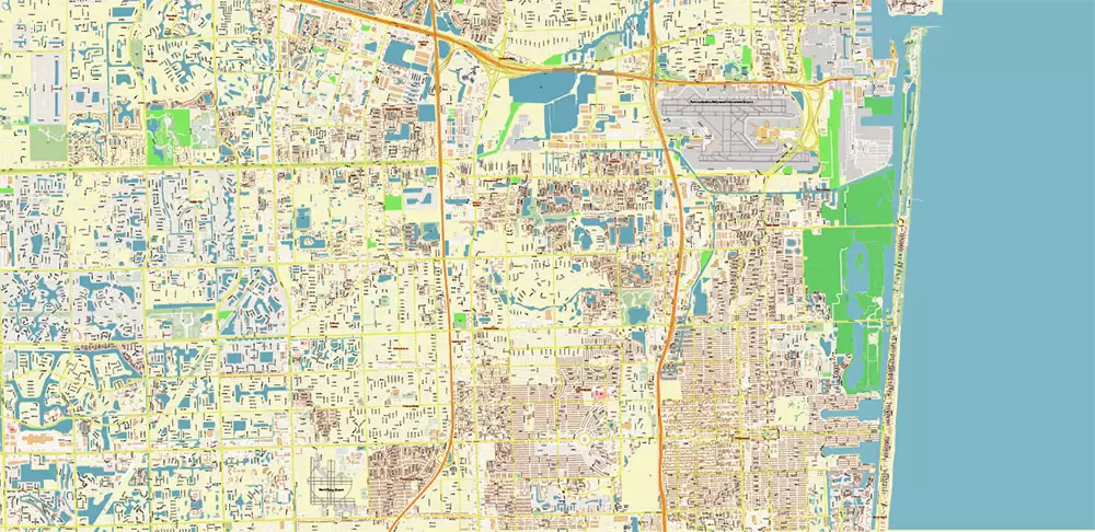 Fort Lauderdale + Pompano Beach + Hollywood Florida US Map Vector City Plan High Detailed Street Map + Relief Topo editable Adobe Illustrator in layers