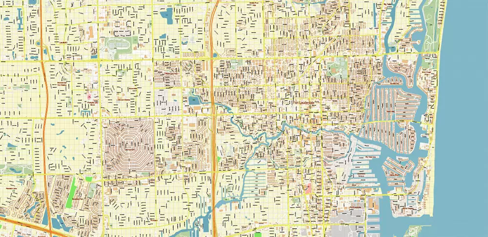 Fort Lauderdale + Pompano Beach + Hollywood Florida US Map Vector City Plan High Detailed Street Map + Relief Topo editable Adobe Illustrator in layers