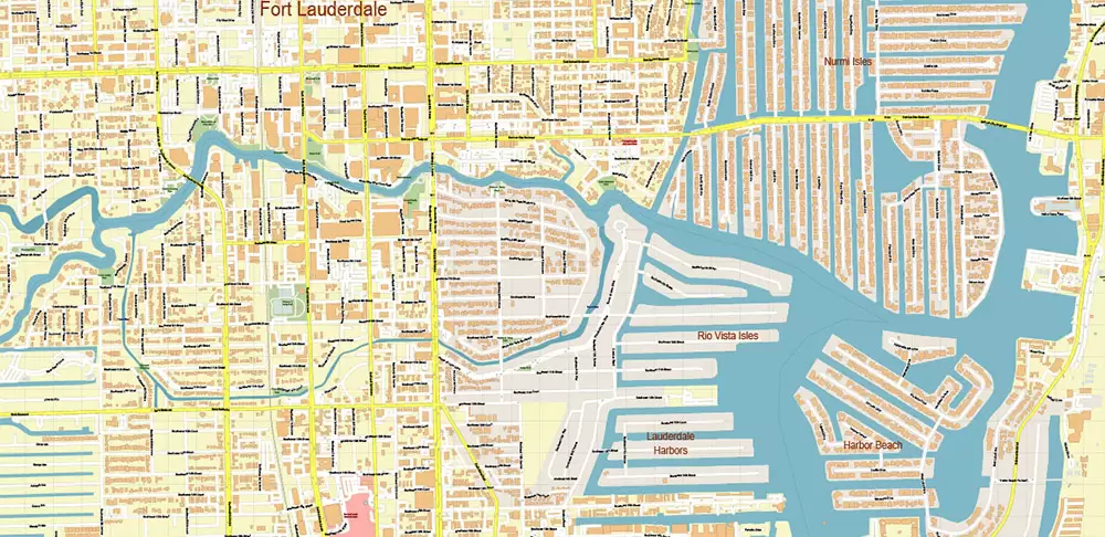Fort Lauderdale + Pompano Beach + Hollywood Florida US Map Vector City Plan High Detailed Street Map + Relief Topo editable Adobe Illustrator in layers