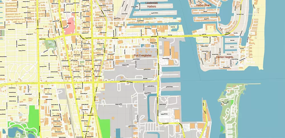 Fort Lauderdale + Pompano Beach + Hollywood Florida US Map Vector City Plan High Detailed Street Map + Relief Topo editable Adobe Illustrator in layers