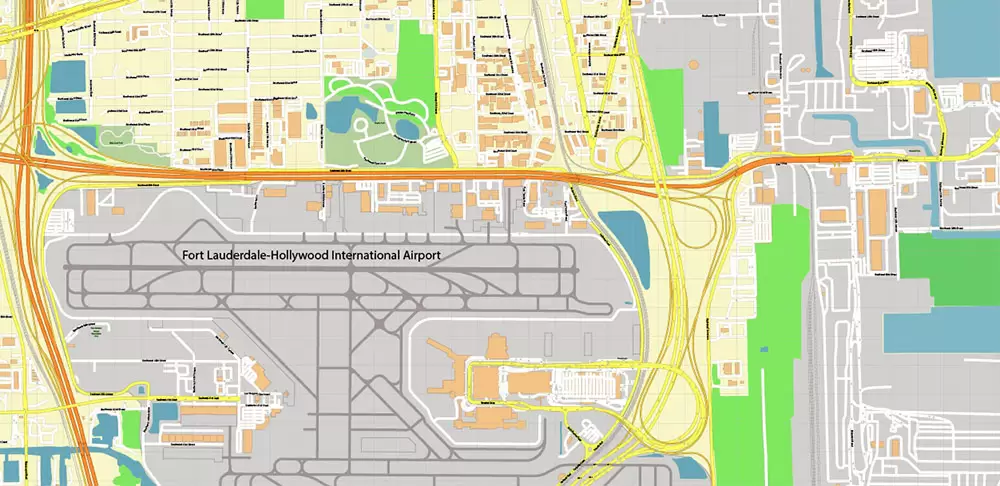 Fort Lauderdale + Pompano Beach + Hollywood Florida US Map Vector City Plan High Detailed Street Map + Relief Topo editable Adobe Illustrator in layers
