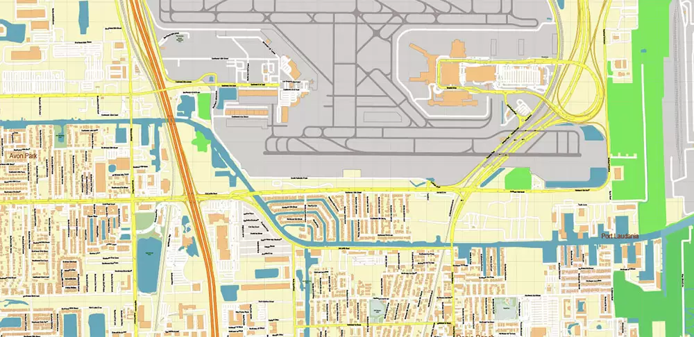 Fort Lauderdale + Pompano Beach + Hollywood Florida US Map Vector City Plan High Detailed Street Map + Relief Topo editable Adobe Illustrator in layers