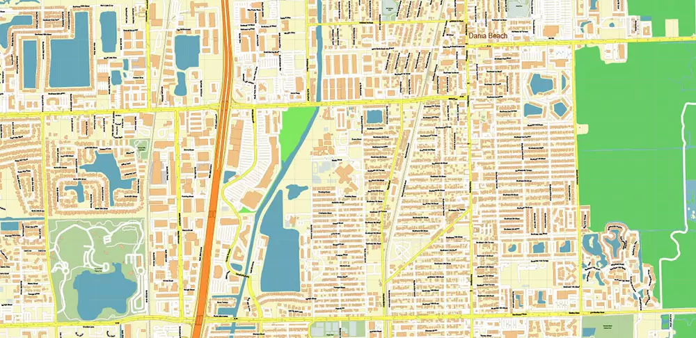 Fort Lauderdale + Pompano Beach + Hollywood Florida US Map Vector City Plan High Detailed Street Map + Relief Topo editable Adobe Illustrator in layers