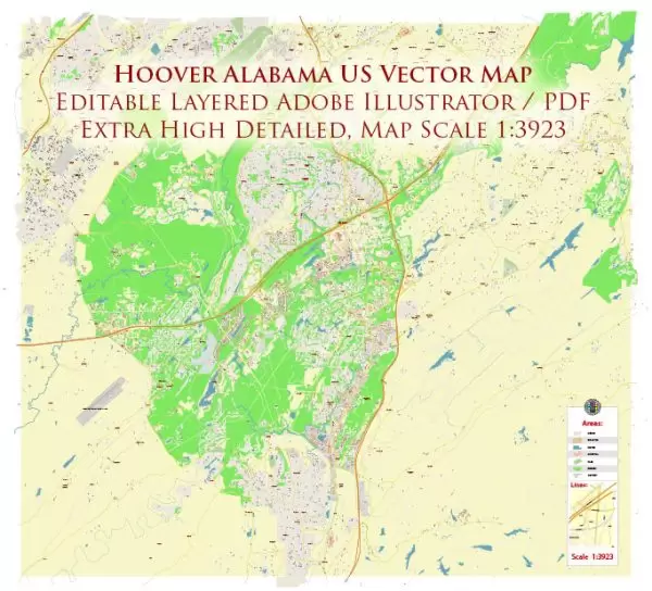 Hoover Alabama US Map Vector City Plan High Detailed Street Map editable Adobe Illustrator in layers