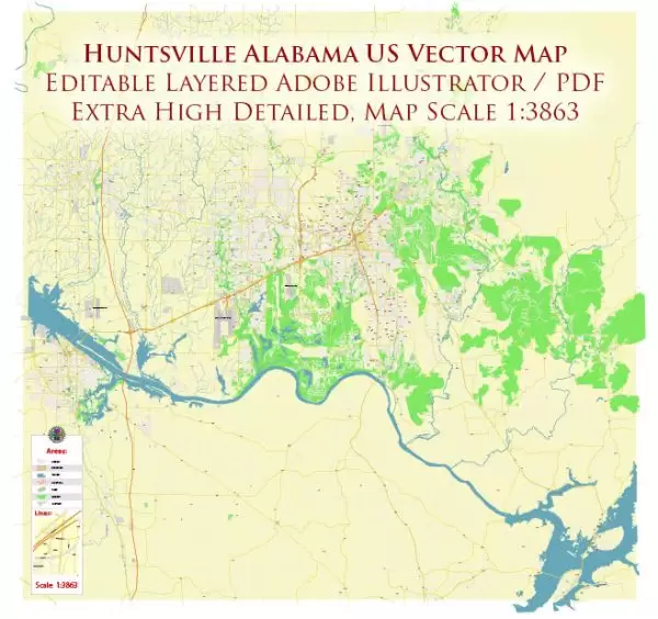 Huntsville Alabama US Map Vector City Plan High Detailed Street Map editable Adobe Illustrator in layers
