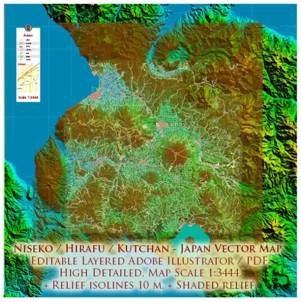 Niseko + Hirafu + Kutchan, Japan Map Vector City Plan High Detailed Street Map + Relief Topo editable Adobe Illustrator in layers
