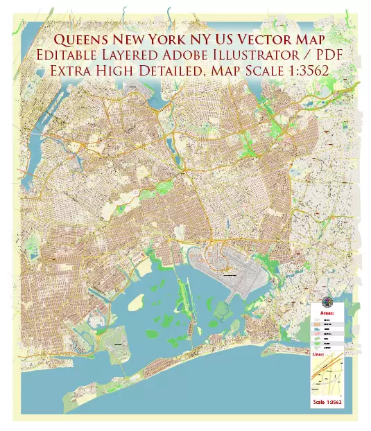 Queens New York City NY US PDF Vector Map: City Plan High Detailed Street Map + Relief Topo editable Adobe PDF in layers