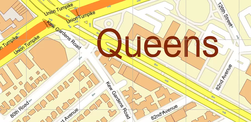 Queens New York City NY US PDF Vector Map: City Plan High Detailed Street Map + Relief Topo editable Adobe PDF in layers
