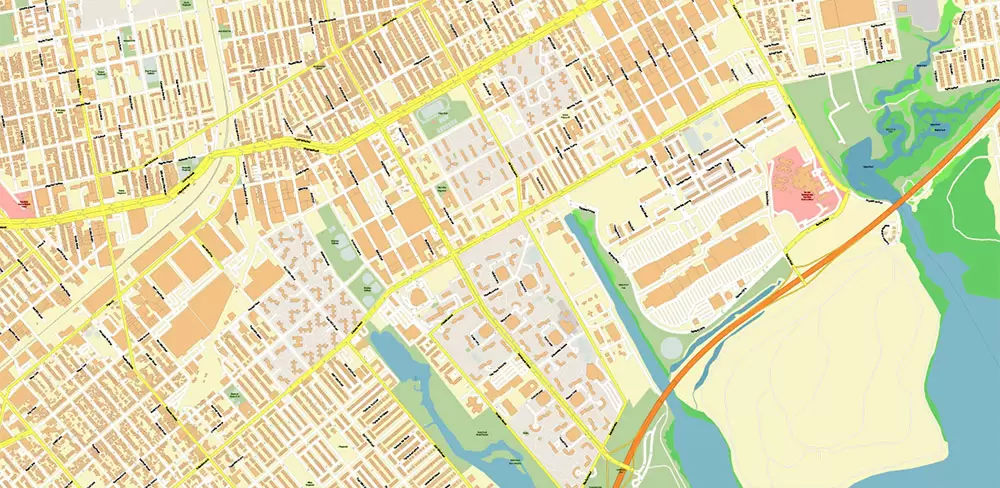 Queens New York City NY US PDF Vector Map: City Plan High Detailed Street Map + Relief Topo editable Adobe PDF in layers