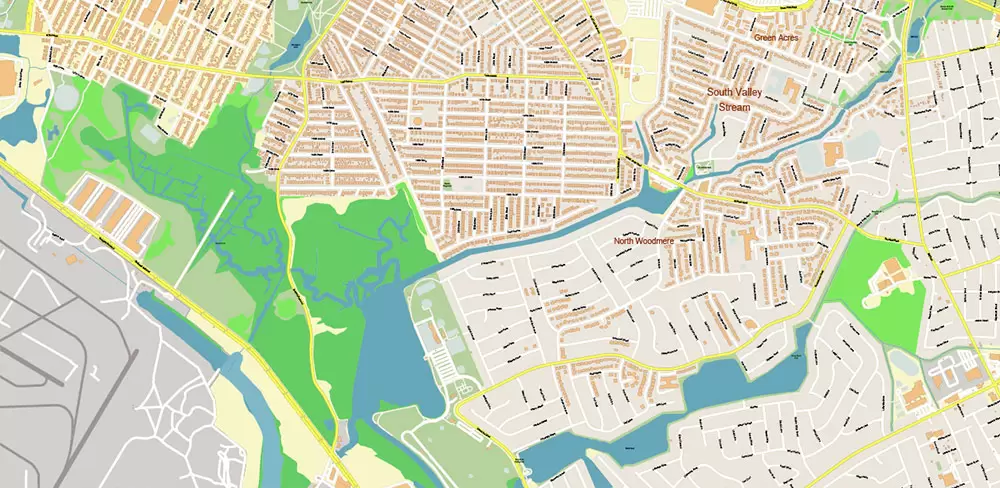 Queens New York City NY US PDF Vector Map: City Plan High Detailed Street Map + Relief Topo editable Adobe PDF in layers
