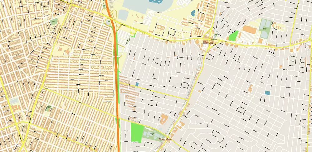 Queens New York City NY US PDF Vector Map: City Plan High Detailed Street Map + Relief Topo editable Adobe PDF in layers