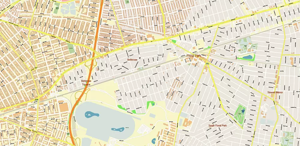 Queens New York City NY US PDF Vector Map: City Plan High Detailed Street Map + Relief Topo editable Adobe PDF in layers