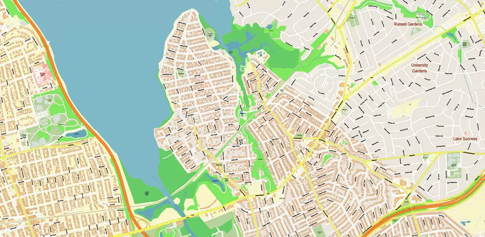 Queens New York City NY US PDF Vector Map: City Plan High Detailed Street Map + Relief Topo editable Adobe PDF in layers