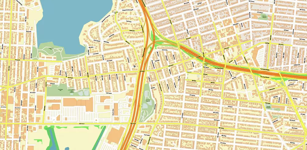 Queens New York City NY US PDF Vector Map: City Plan High Detailed Street Map + Relief Topo editable Adobe PDF in layers