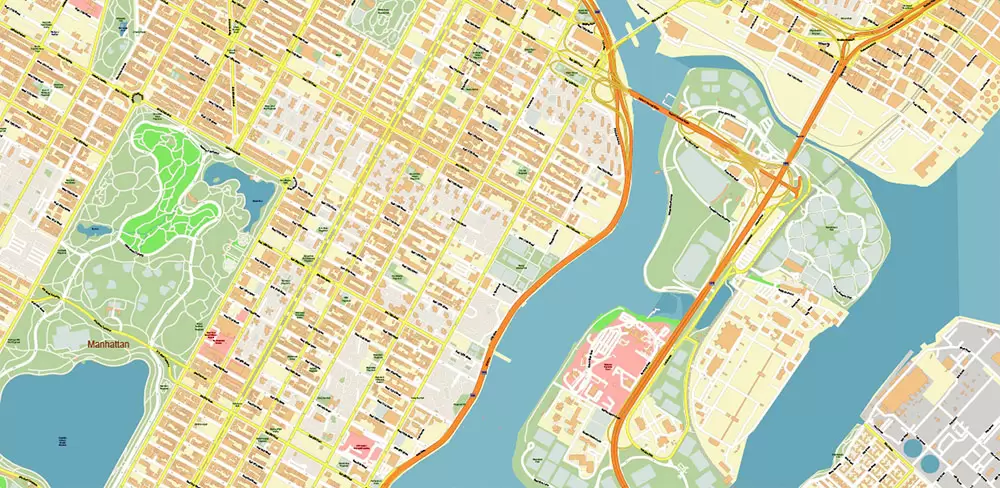 Queens New York City NY US PDF Vector Map: City Plan High Detailed Street Map + Relief Topo editable Adobe PDF in layers