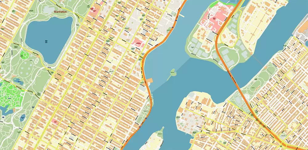 Queens New York City NY US PDF Vector Map: City Plan High Detailed Street Map + Relief Topo editable Adobe PDF in layers