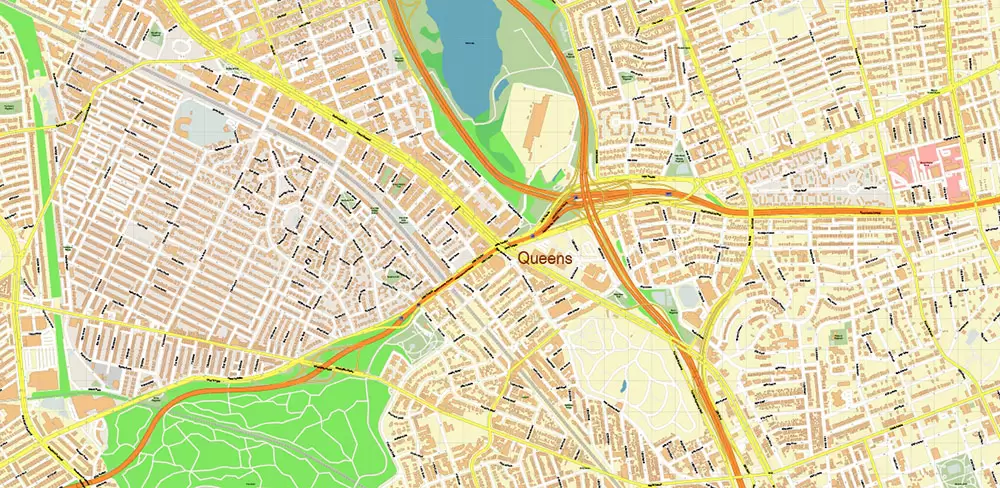 Queens New York City NY US PDF Vector Map: City Plan High Detailed Street Map + Relief Topo editable Adobe PDF in layers