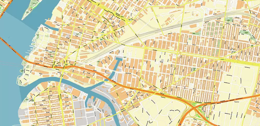 Queens New York City NY US PDF Vector Map: City Plan High Detailed Street Map + Relief Topo editable Adobe PDF in layers