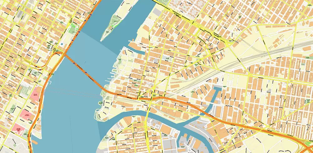 Queens New York City NY US PDF Vector Map: City Plan High Detailed Street Map + Relief Topo editable Adobe PDF in layers