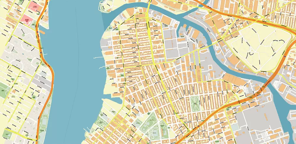 Queens New York City NY US PDF Vector Map: City Plan High Detailed Street Map + Relief Topo editable Adobe PDF in layers