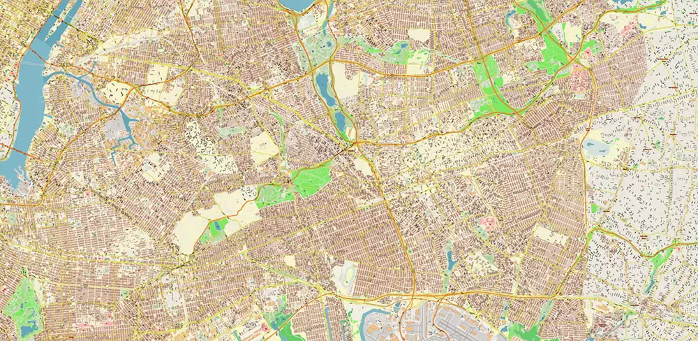 Queens New York City NY US PDF Vector Map: City Plan High Detailed Street Map + Relief Topo editable Adobe PDF in layers