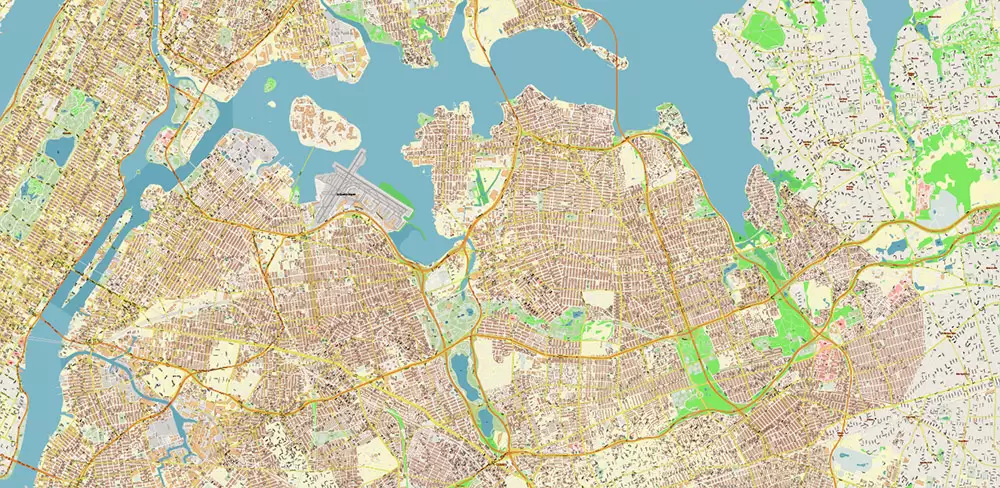 Queens New York City NY US PDF Vector Map: City Plan High Detailed Street Map + Relief Topo editable Adobe PDF in layers