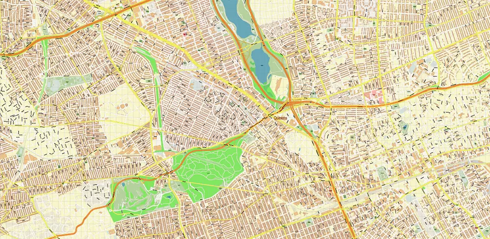 Queens New York City NY US PDF Vector Map: City Plan High Detailed Street Map + Relief Topo editable Adobe PDF in layers