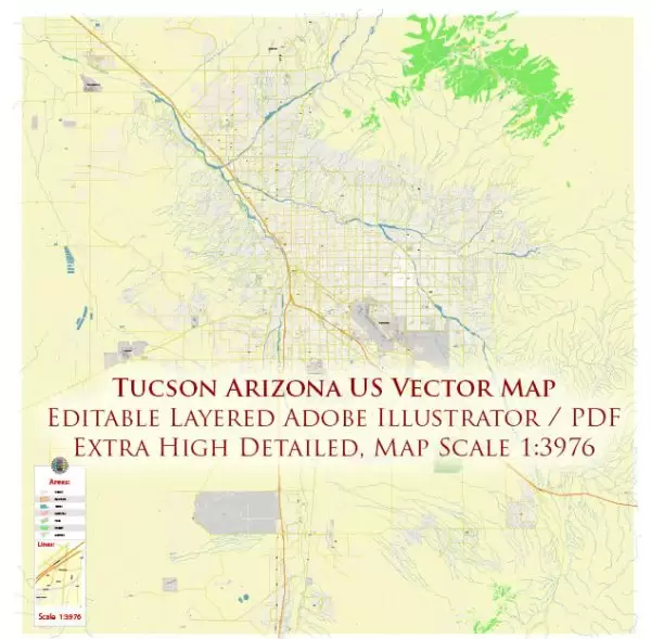 Tucson Arizona US Map Vector City Plan High Detailed Street Map editable Adobe Illustrator in layers