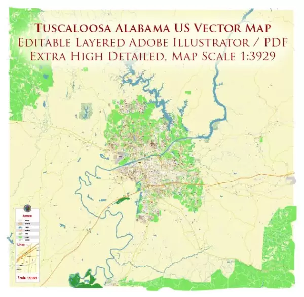 Tuscaloosa Alabama US Map Vector City Plan High Detailed Street Map editable Adobe Illustrator in layers