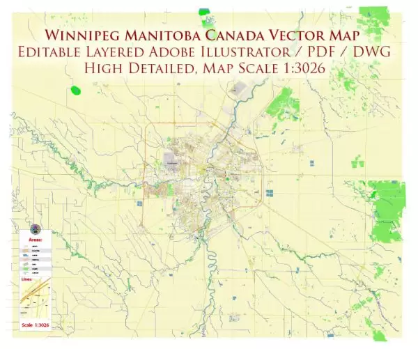Winnipeg Manitoba Canada Map Vector City Plan High Detailed Street Map editable Adobe Illustrator in layers