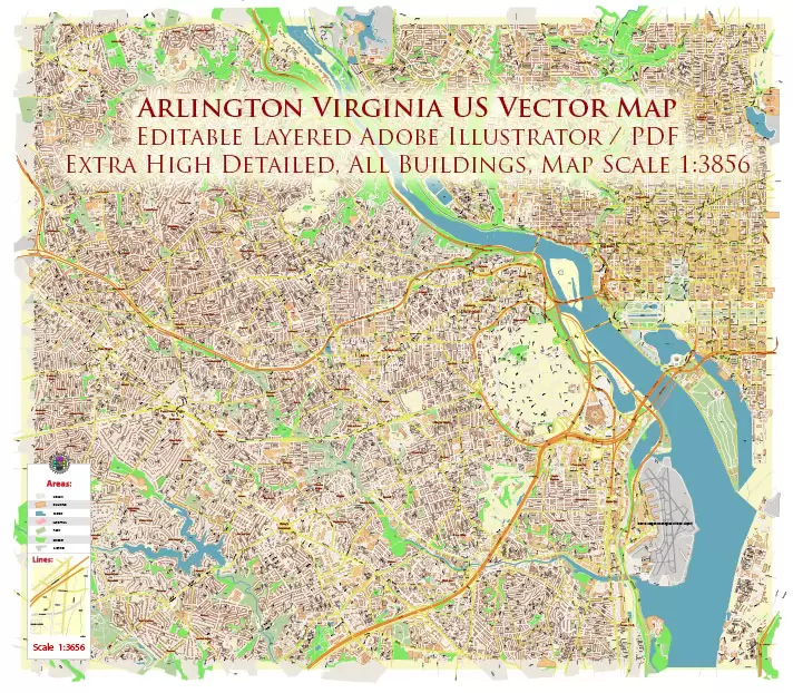 Arlington Virginia US PDF Vector Map: High Detailed Street Map editable Adobe PDF in layers