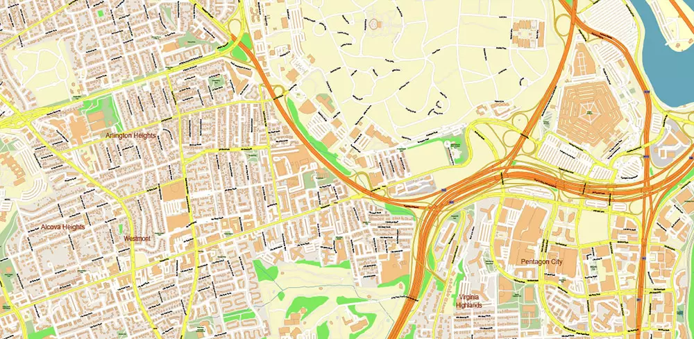 Arlington Virginia US PDF Vector Map: High Detailed Street Map editable Adobe PDF in layers