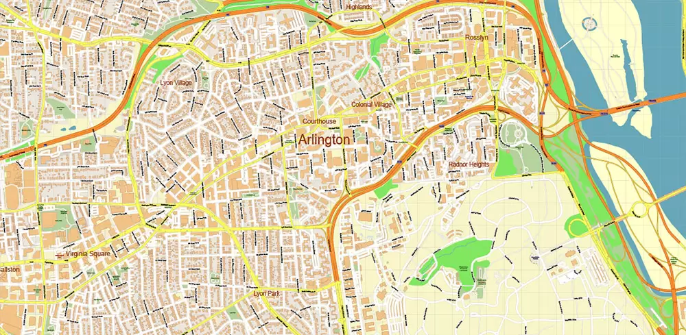 Arlington Virginia US PDF Vector Map: High Detailed Street Map editable Adobe PDF in layers
