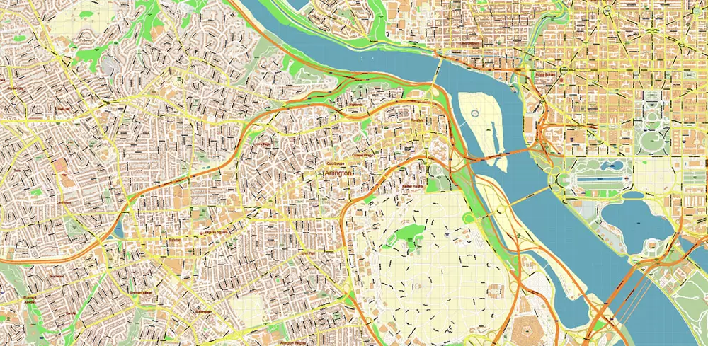 Arlington Virginia US PDF Vector Map: High Detailed Street Map editable Adobe PDF in layers
