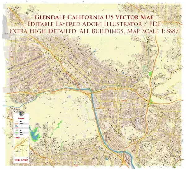 Glendale California US Map Vector City Plan High Detailed Street Map editable Adobe Illustrator in layers