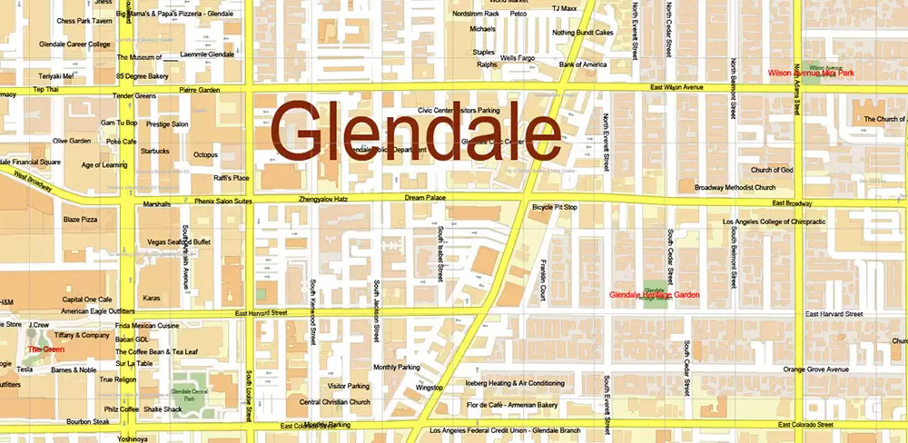 Glendale California US PDF Vector Map: City Plan High Detailed Street Map editable Adobe PDF in layers