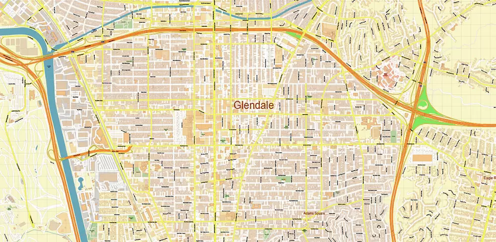 Glendale California US PDF Vector Map: City Plan High Detailed Street Map editable Adobe PDF in layers