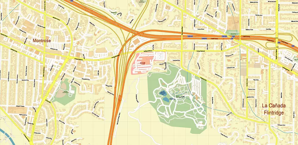 Glendale California US PDF Vector Map: City Plan High Detailed Street Map editable Adobe PDF in layers