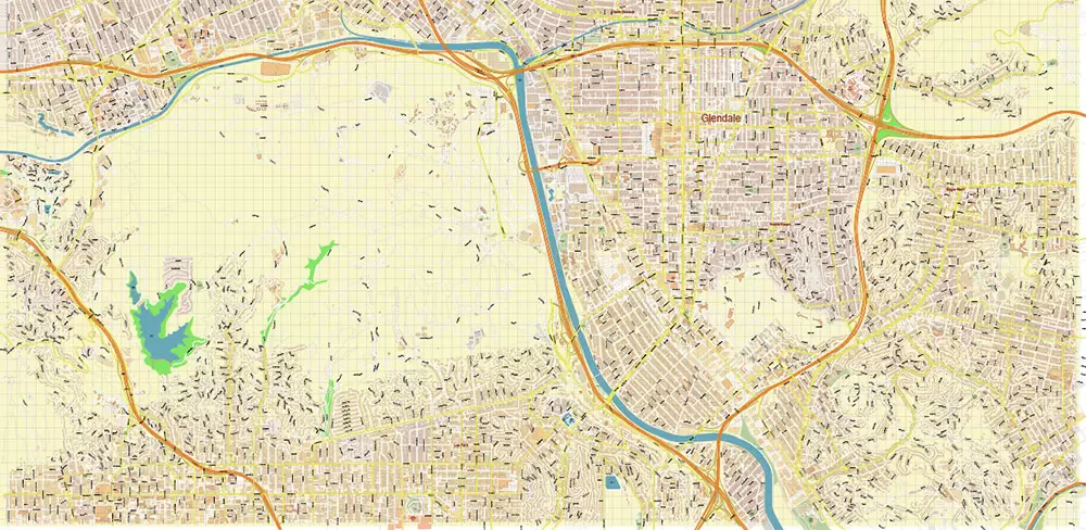 Glendale California US PDF Vector Map: City Plan High Detailed Street Map editable Adobe PDF in layers