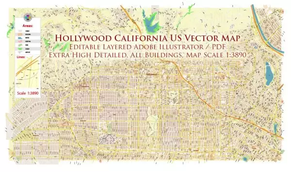 Hollywood California US Map Vector City Plan High Detailed Street Map editable Adobe Illustrator in layers