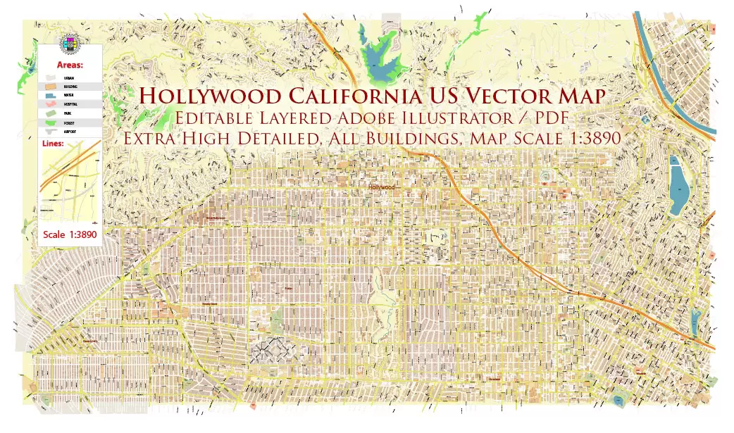 Hollywood California US Map Vector City Plan High Detailed Street Map editable Adobe Illustrator in layers