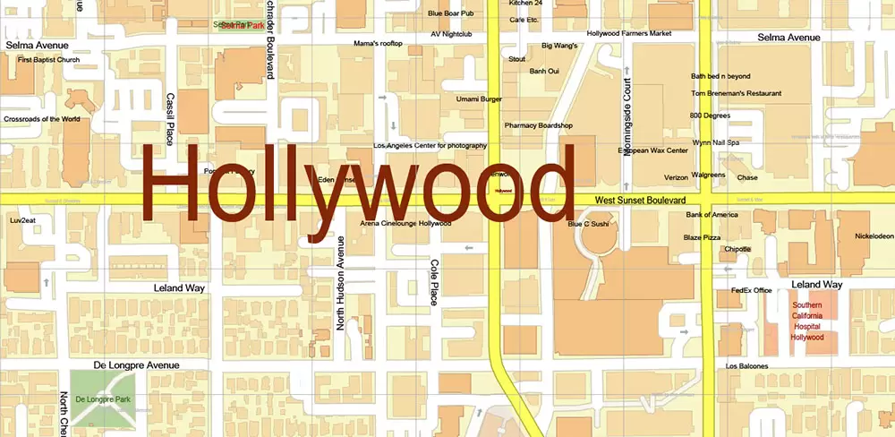 Hollywood California US Map Vector City Plan High Detailed Street Map editable Adobe Illustrator in layers