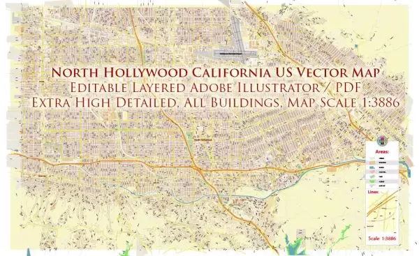 North Hollywood California US Map Vector City Plan High Detailed Street Map editable Adobe Illustrator in layers