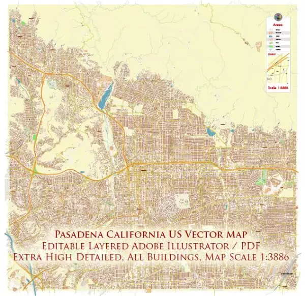 Pasadena California US Map Vector City Plan High Detailed Street Map editable Adobe Illustrator in layers