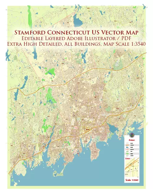Stamford Connecticut US Vector Map: High Detailed Street Map editable Adobe Illustrator in layers