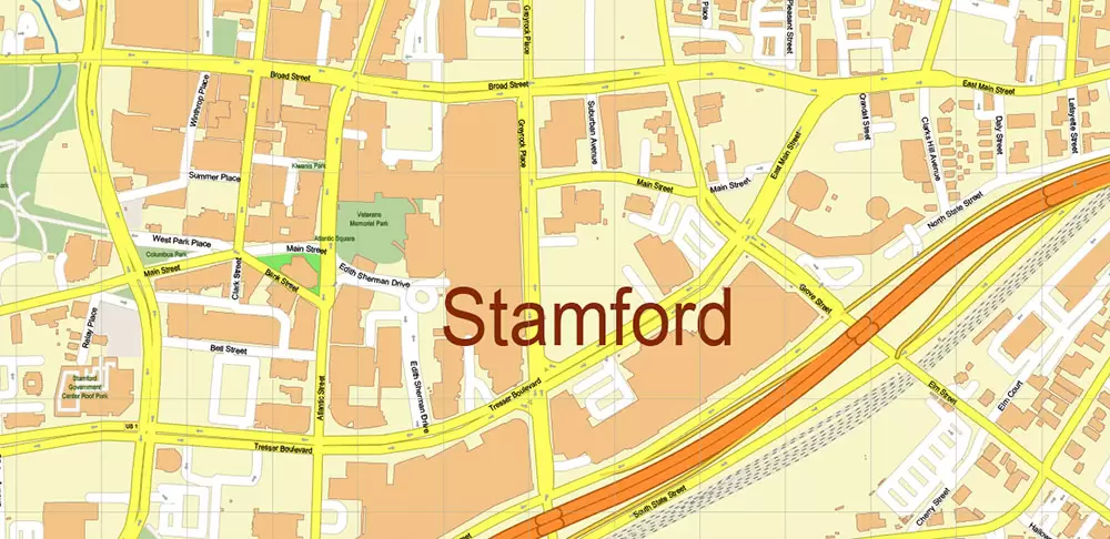 Stamford Connecticut US Vector Map: High Detailed Street Map editable Adobe Illustrator in layers
