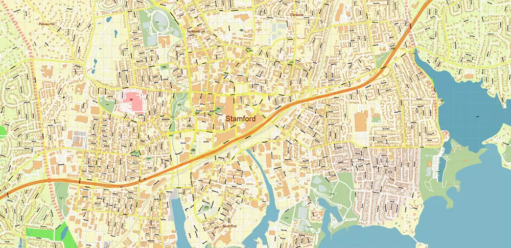 Stamford Connecticut US Vector Map: High Detailed Street Map editable Adobe Illustrator in layers